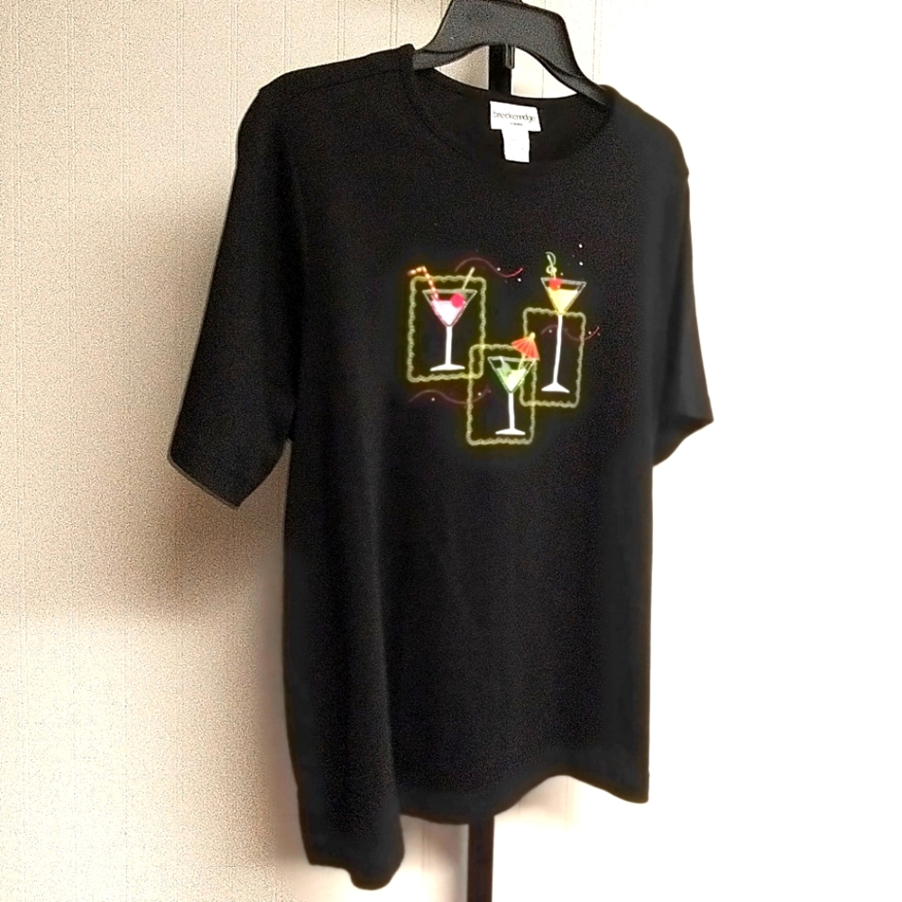 Breckenridge Cocktail Drink Embroidered T-shirt Top Size 1X Black EUC